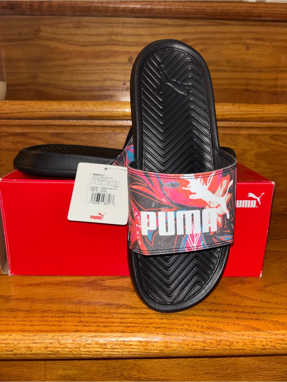 Puma Black Slide Sandals with Pink and Red Floral Strap